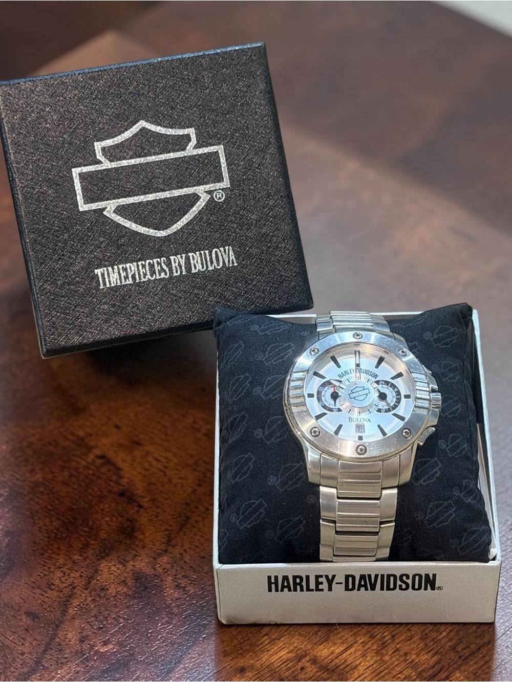 Rare 2009 Harley Davidson Bulova Chronograph Watch (Logo Rotates) Steel New Batt